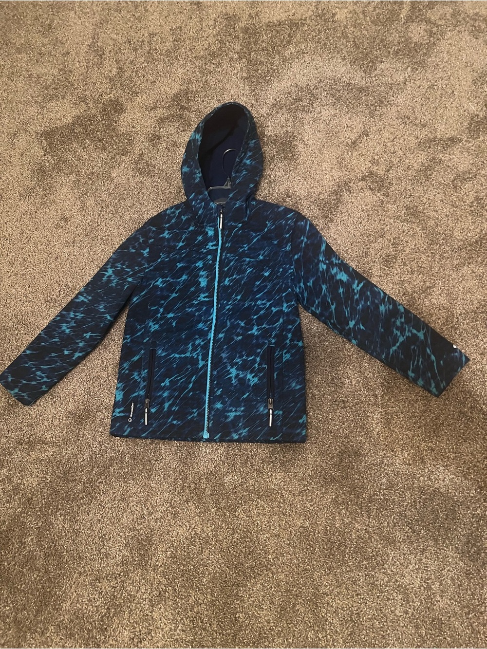 Blue Teal Patterned Hooded Rain Jacket